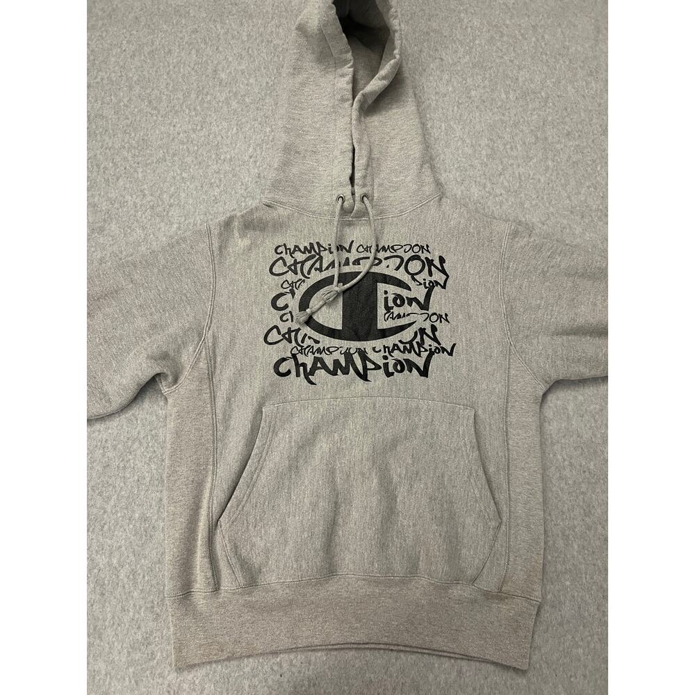 Champion Reverse Weave Hoodie Men's Small Gray Y2K Unique Graphic Logo Design